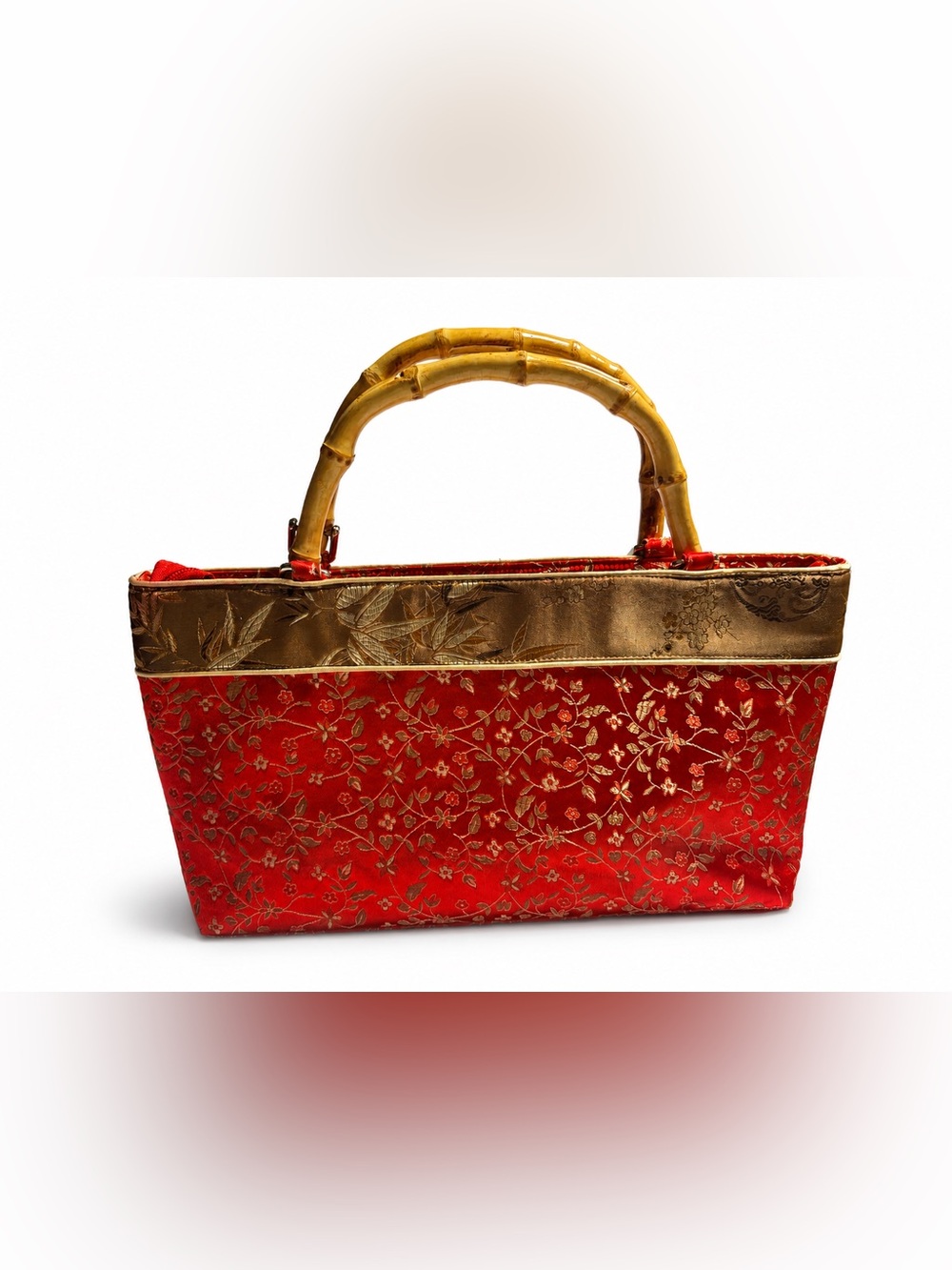 Vintage Red Gold Brocade Bamboo Handle Handbag Purse